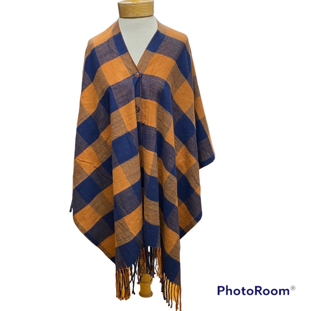 Matilda Jane O/S Warm Sunset Orange Navy Plaid Button Front Fringe Boho Poncho